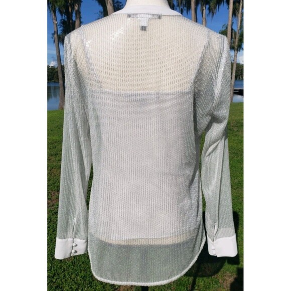 White House Black Market Gray Sequin Sheer Top w/Stretch Tank Shell EUC Sz Small - Picture 5 of 15
